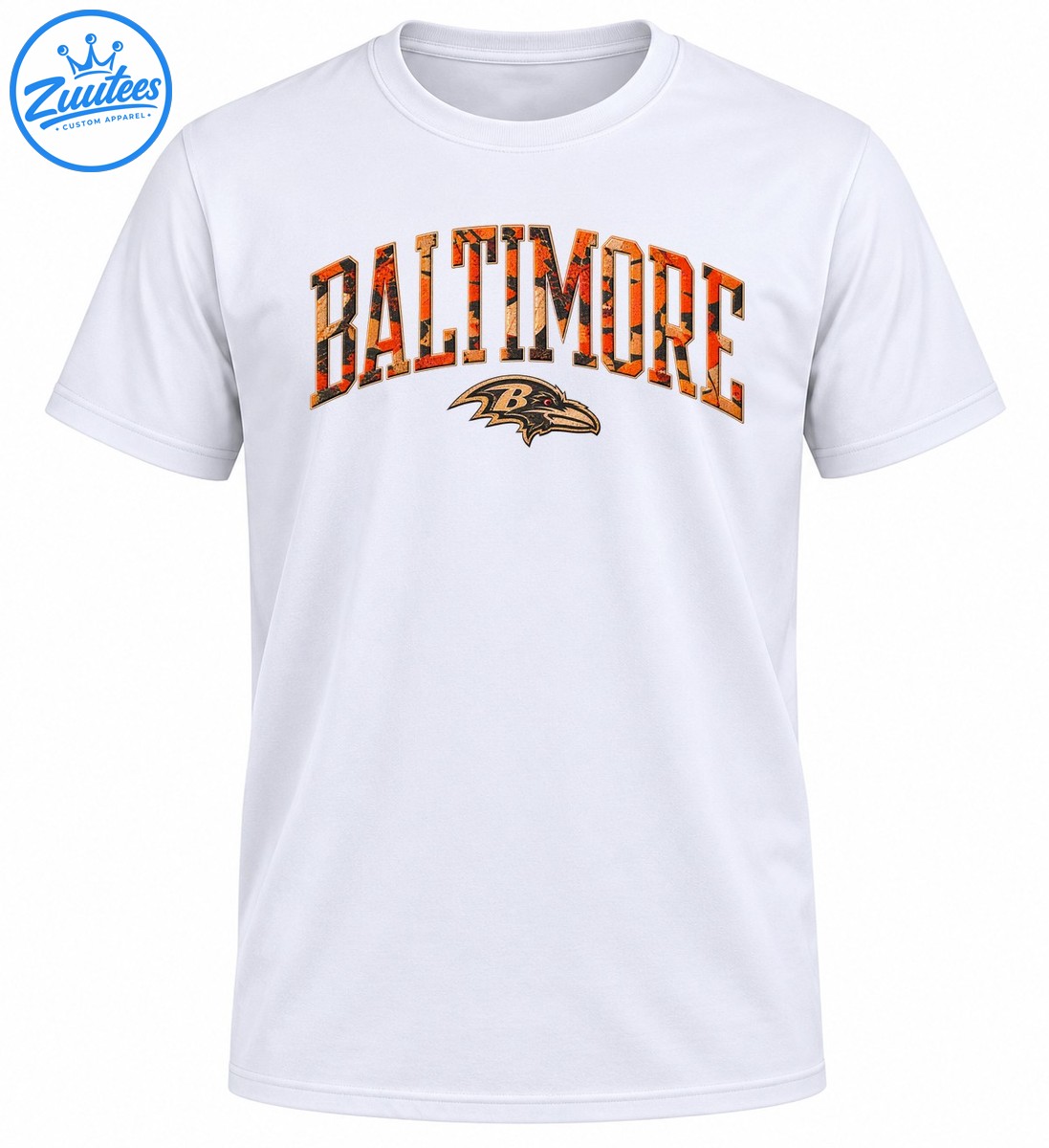 Baltimore fall camo shirt design with arched orange black BALTIMORE lettering and distressed raven head B emblem Baltimore fall camo shirt design with arched orange black BALTIMORE lettering and distressed raven head B emblem