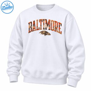 Baltimore fall camo shirt design with arched orange black BALTIMORE lettering and distressed raven head B emblem
