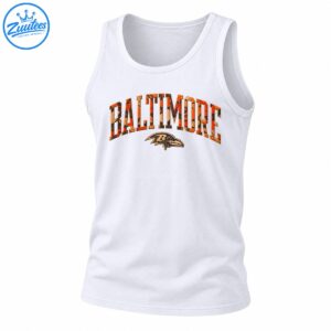 Baltimore fall camo shirt design with arched orange black BALTIMORE lettering and distressed raven head B emblem