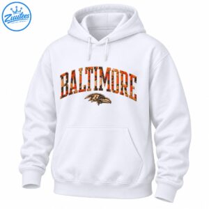 Baltimore fall camo shirt design with arched orange black BALTIMORE lettering and distressed raven head B emblem
