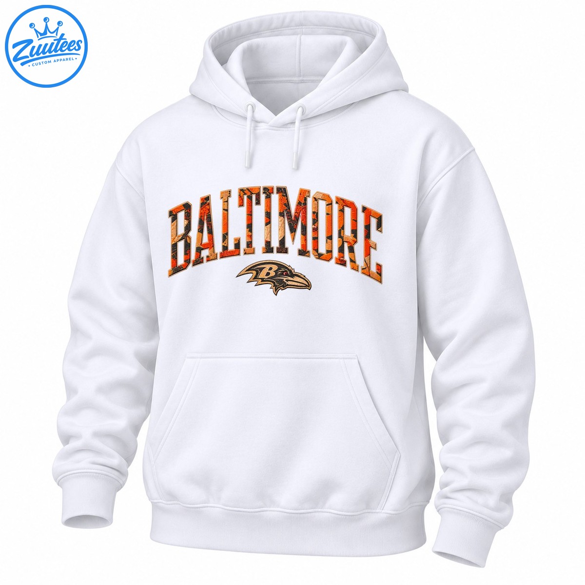 Baltimore fall camo shirt design with arched orange black BALTIMORE lettering and distressed raven head B emblem Baltimore fall camo shirt design with arched orange black BALTIMORE lettering and distressed raven head B emblem