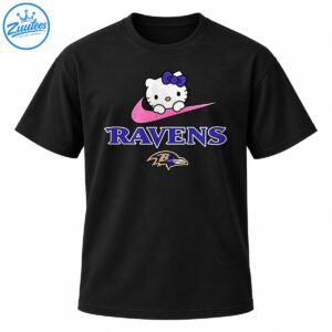 Hello Kitty wearing a purple bow above a pink swoosh, purple RAVENS lettering, and a raven emblem.