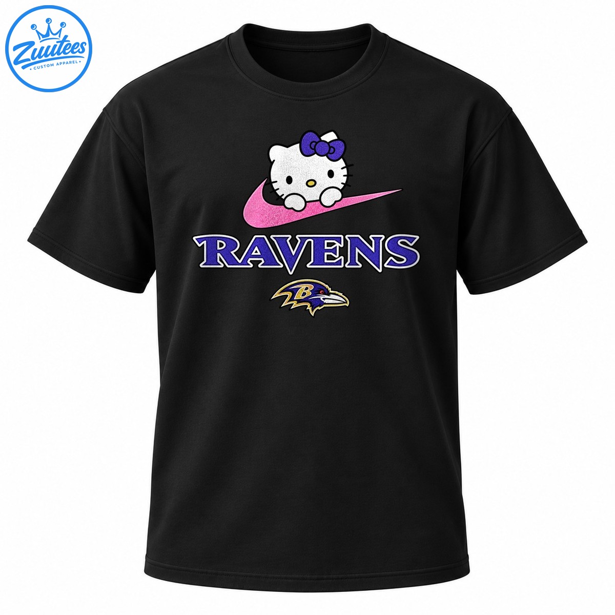 Hello Kitty wearing a purple bow above a pink swoosh, purple RAVENS lettering, and a raven emblem. Hello Kitty wearing a purple bow above a pink swoosh, purple RAVENS lettering, and a raven emblem.