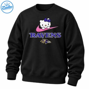 Hello Kitty wearing a purple bow above a pink swoosh, purple RAVENS lettering, and a raven emblem.