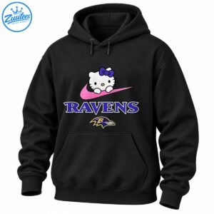 Hello Kitty wearing a purple bow above a pink swoosh, purple RAVENS lettering, and a raven emblem.