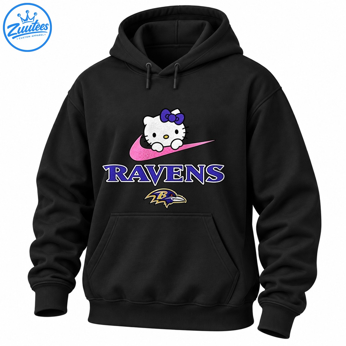 Hello Kitty wearing a purple bow above a pink swoosh, purple RAVENS lettering, and a raven emblem. Hello Kitty wearing a purple bow above a pink swoosh, purple RAVENS lettering, and a raven emblem.
