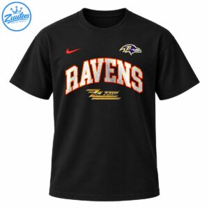Baltimore Ravens graphic with arched silver lettering, orange-red outlines, raven emblem, red swoosh, and gold script