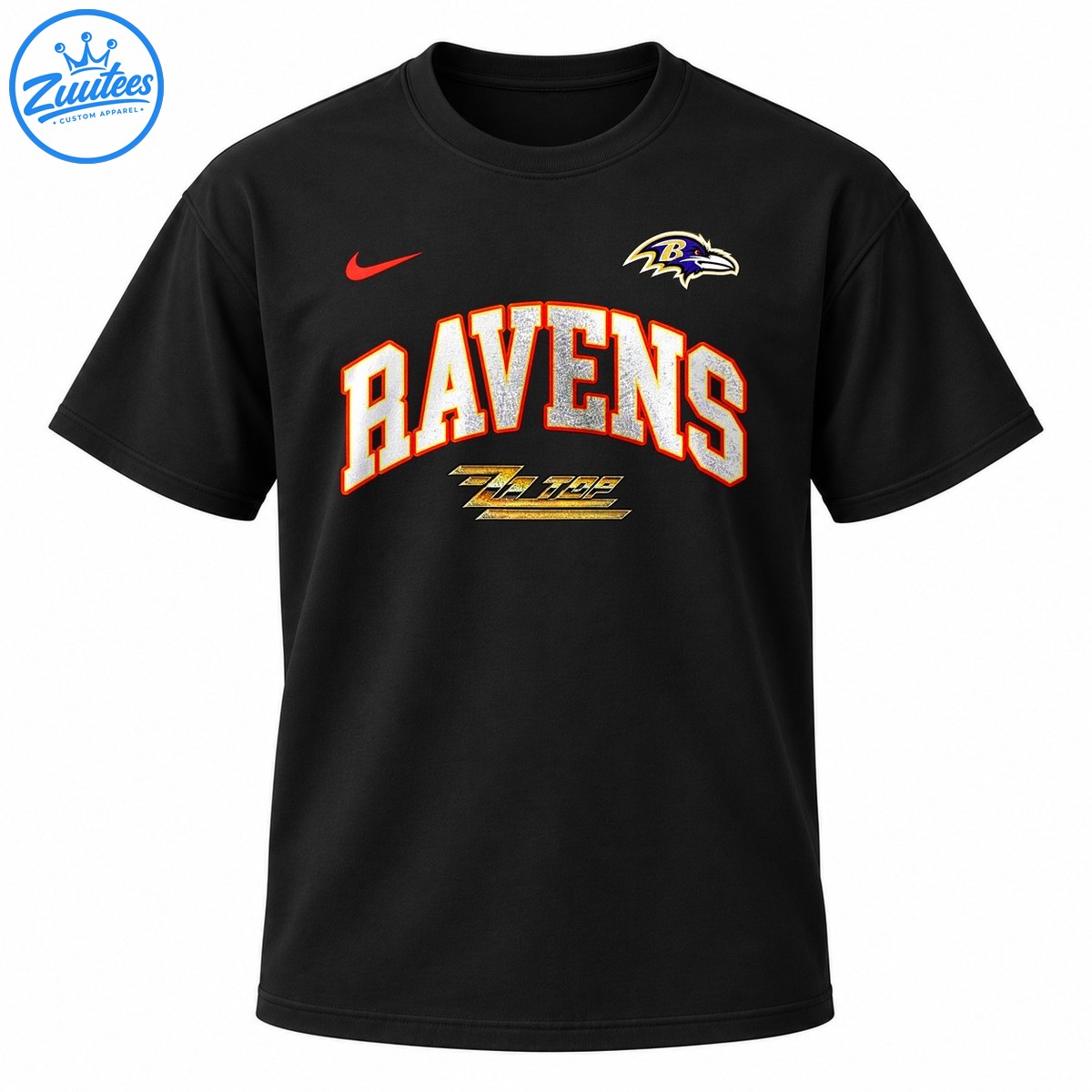 Baltimore Ravens graphic with arched silver lettering, orange red outlines, raven emblem, red swoosh, and gold script Baltimore Ravens graphic with arched silver lettering, orange-red outlines, raven emblem, red swoosh, and gold script