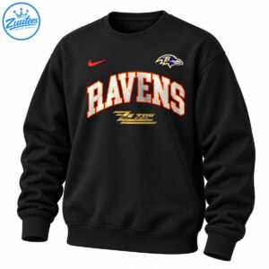 Baltimore Ravens graphic with arched silver lettering, orange-red outlines, raven emblem, red swoosh, and gold script