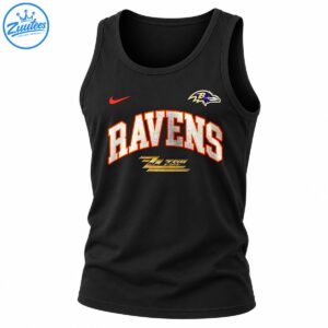 Baltimore Ravens graphic with arched silver lettering, orange-red outlines, raven emblem, red swoosh, and gold script