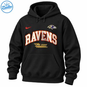 Baltimore Ravens graphic with arched silver lettering, orange-red outlines, raven emblem, red swoosh, and gold script