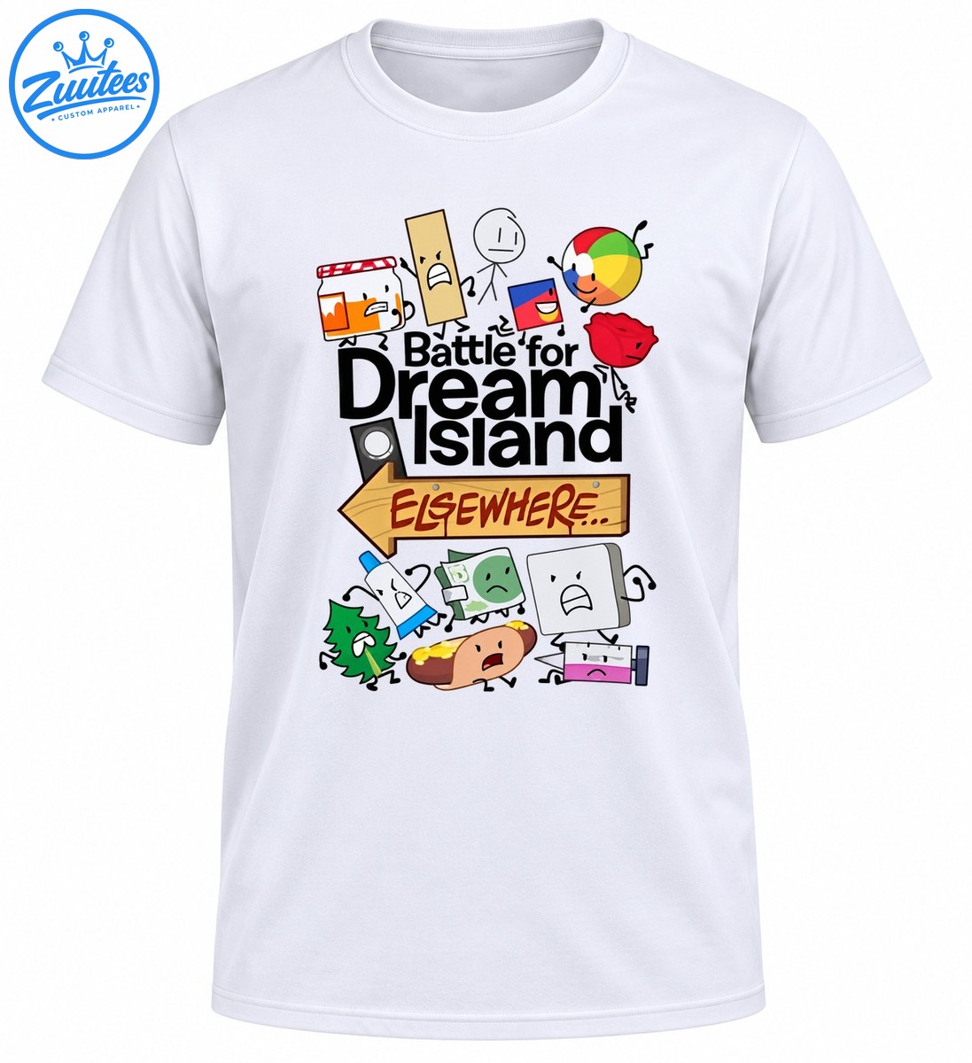 Battle for Dream Island Elsewhere cartoon design with colorful object characters and a wooden arrow sign Battle for Dream Island Elsewhere cartoon design with colorful object characters and a wooden arrow sign