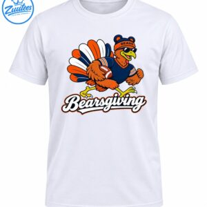 Bearsgiving turkey football graphic with BEARS beanie, sunglasses, navy jersey, orange feathers and white lettering