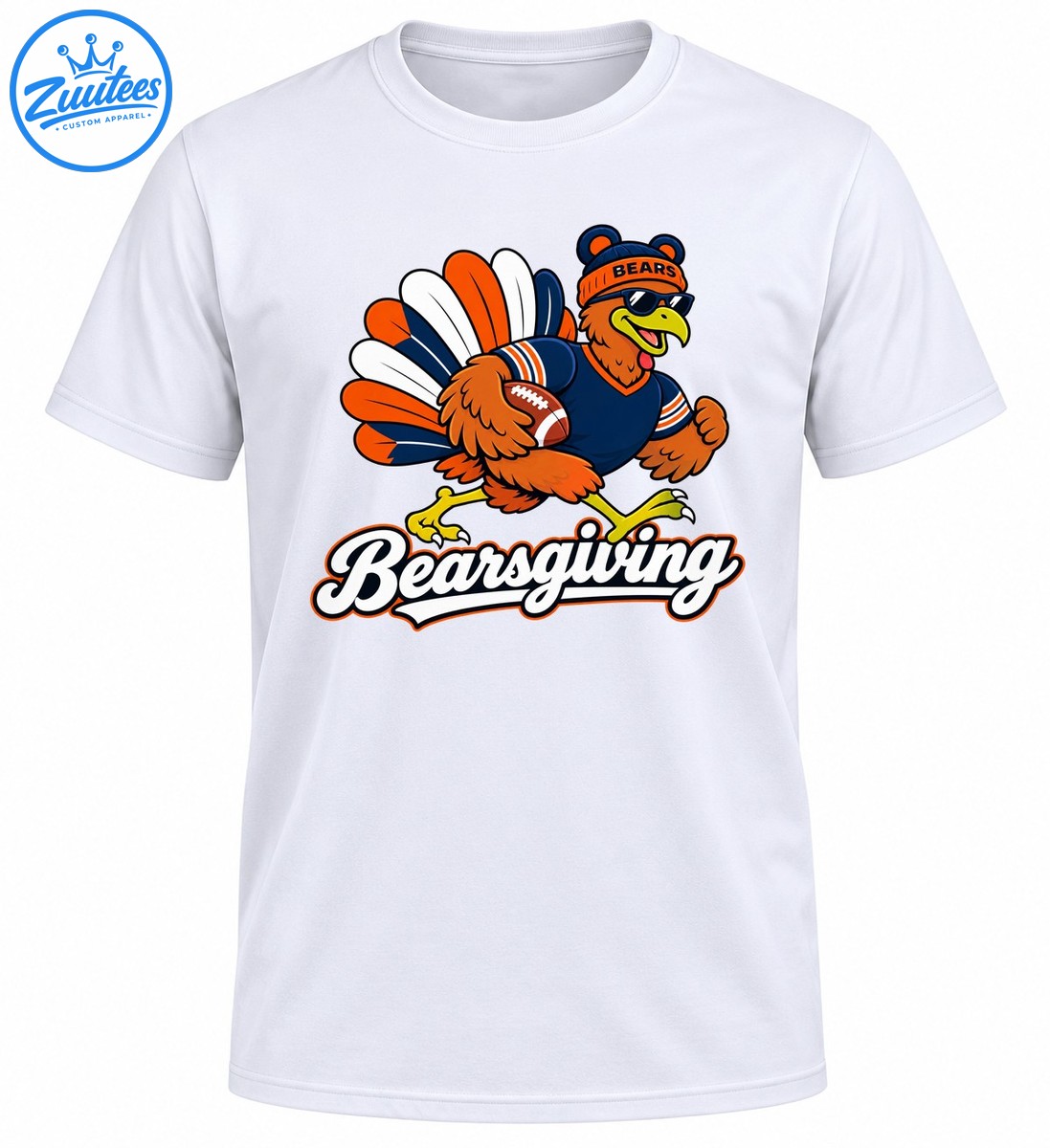 Bearsgiving turkey football graphic with BEARS beanie, sunglasses, navy jersey, orange feathers and white lettering Bearsgiving turkey football graphic with BEARS beanie, sunglasses, navy jersey, orange feathers and white lettering