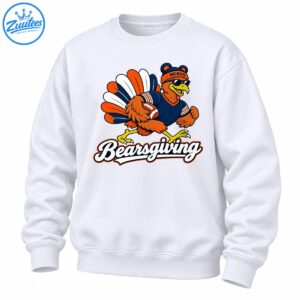 Bearsgiving turkey football graphic with BEARS beanie, sunglasses, navy jersey, orange feathers and white lettering