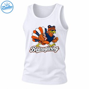 Bearsgiving turkey football graphic with BEARS beanie, sunglasses, navy jersey, orange feathers and white lettering