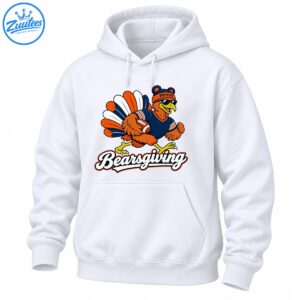 Bearsgiving turkey football graphic with BEARS beanie, sunglasses, navy jersey, orange feathers and white lettering