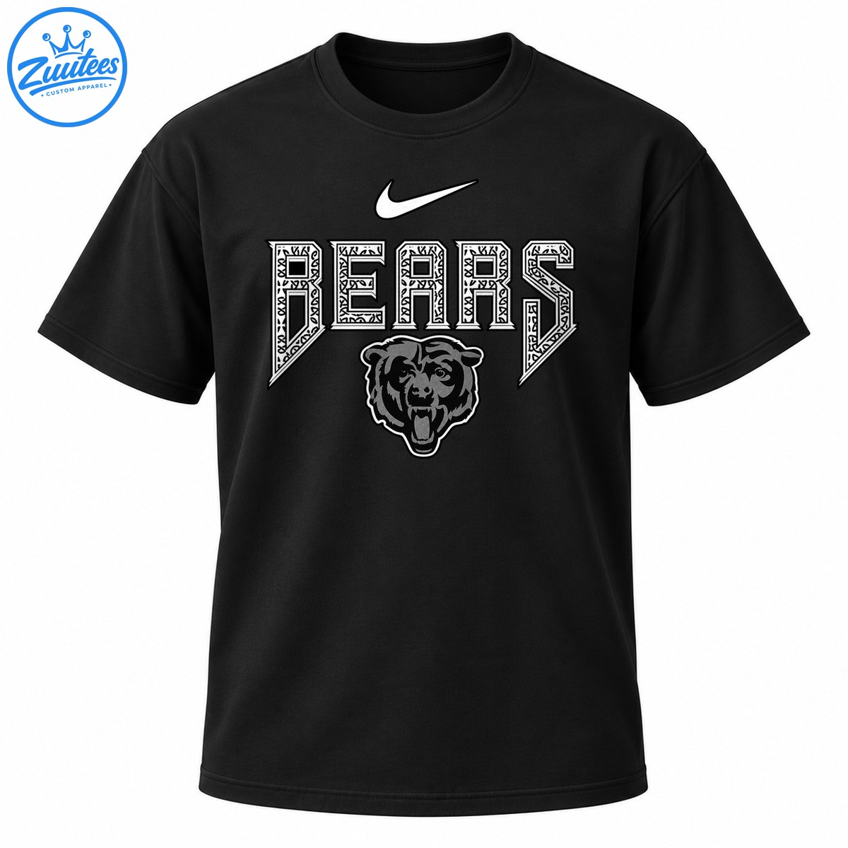 BEARS shirt graphic with intricate white tribal varsity lettering and a roaring black and gray bear head BEARS shirt graphic with intricate white tribal varsity lettering and a roaring black and gray bear head