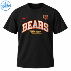 Bears ZZ Top graphic with silver varsity lettering, orange bear head, red swoosh, and metallic gold rock emblem