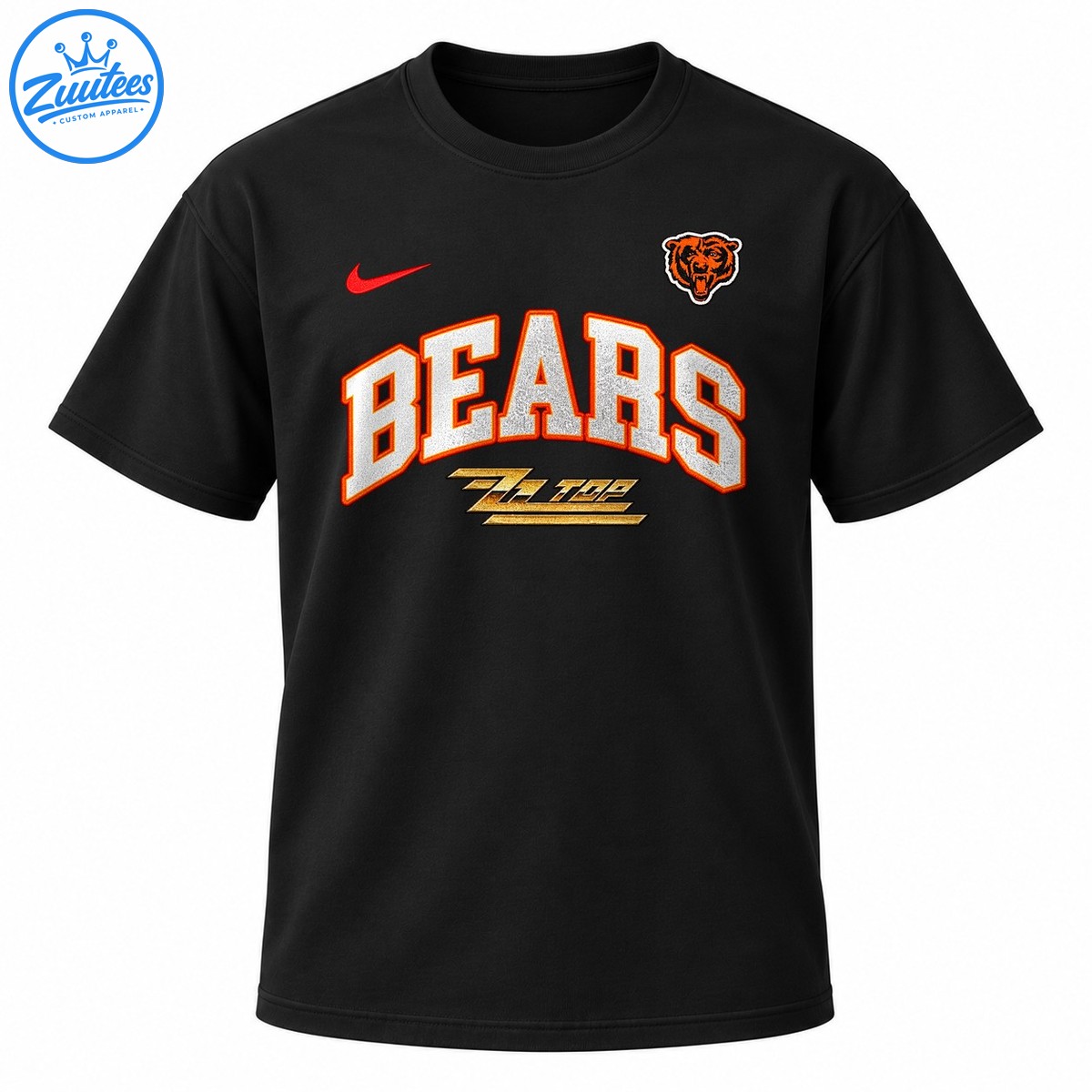 Bears ZZ Top graphic with silver varsity lettering, orange bear head, red swoosh, and metallic gold rock emblem Bears ZZ Top graphic with silver varsity lettering, orange bear head, red swoosh, and metallic gold rock emblem