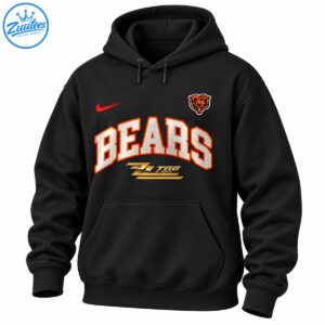 Bears ZZ Top graphic with silver varsity lettering, orange bear head, red swoosh, and metallic gold rock emblem