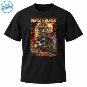 Beast In Black shirt design with metallic lettering, a horned armored beast, chains, flames, and a woman above