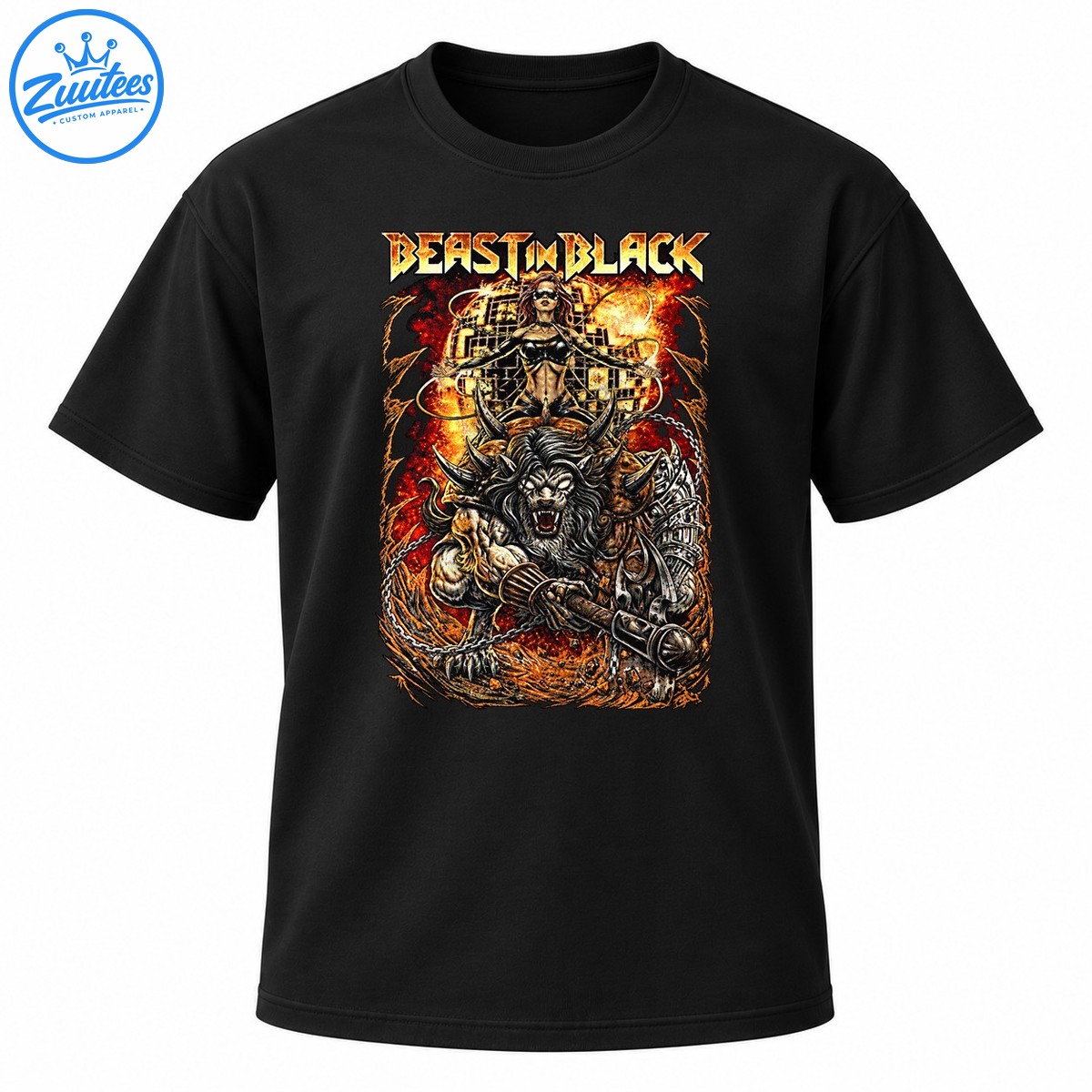 Beast In Black shirt design with metallic lettering, a horned armored beast, chains, flames, and a woman above Beast In Black shirt design with metallic lettering, a horned armored beast, chains, flames, and a woman above