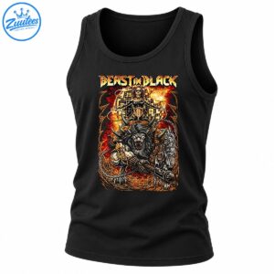 Beast In Black shirt design with metallic lettering, a horned armored beast, chains, flames, and a woman above
