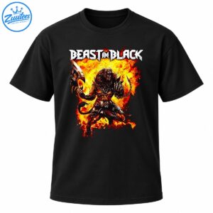 Beast In Black Shirt featuring white metal lettering, an armored beast warrior, a massive axe, a spiked chain, and fiery artwork.