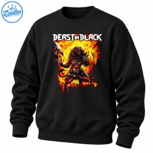 Beast In Black Shirt featuring white metal lettering, an armored beast warrior, a massive axe, a spiked chain, and fiery artwork.