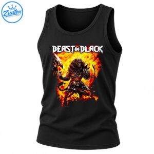 Beast In Black Shirt featuring white metal lettering, an armored beast warrior, a massive axe, a spiked chain, and fiery artwork.