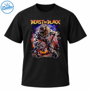 Beast In Black lettering above a roaring lion-like cyber warrior in silver armor with red eyes, fiery sparks, skulls, and purple accents.