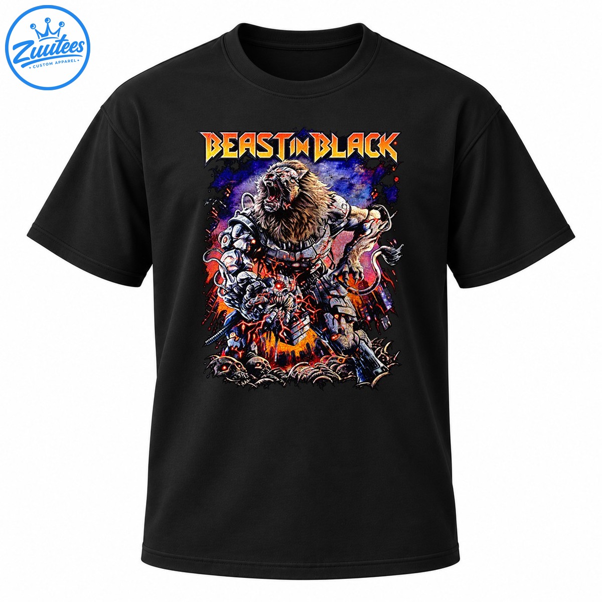 Beast In Black lettering above a roaring lion like cyber warrior in silver armor with red eyes, fiery sparks, skulls, and purple accents. Beast In Black lettering above a roaring lion-like cyber warrior in silver armor with red eyes, fiery sparks, skulls, and purple accents.