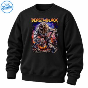 Beast In Black lettering above a roaring lion-like cyber warrior in silver armor with red eyes, fiery sparks, skulls, and purple accents.