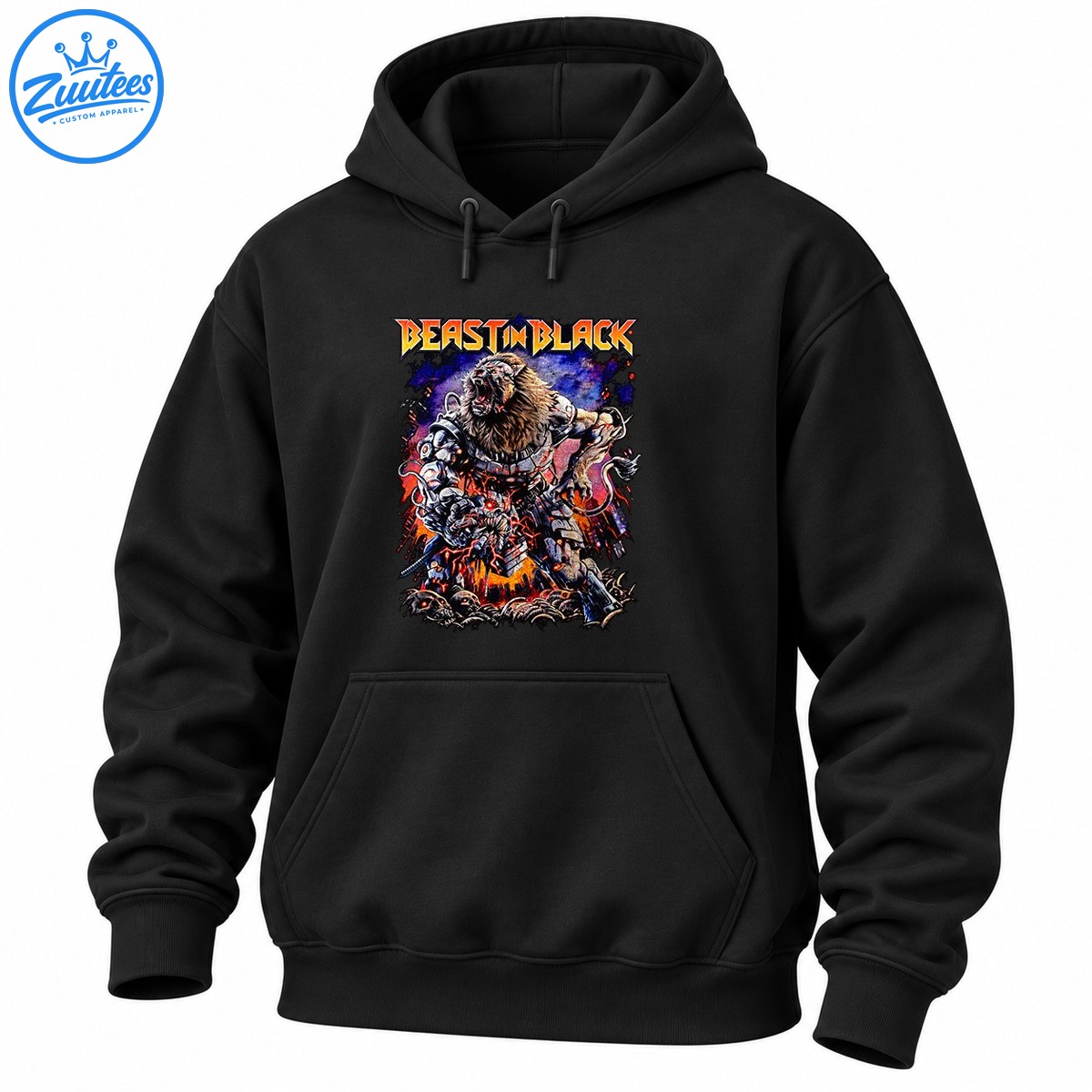 Beast In Black lettering above a roaring lion like cyber warrior in silver armor with red eyes, fiery sparks, skulls, and purple accents. Beast In Black lettering above a roaring lion-like cyber warrior in silver armor with red eyes, fiery sparks, skulls, and purple accents.