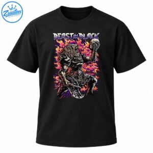 BEAST IN BLACK lettering above an armored beast warrior holding a skull amid purple and orange flames