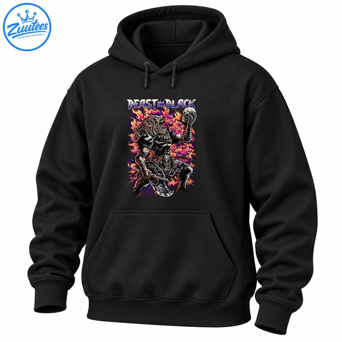 BEAST IN BLACK lettering above an armored beast warrior holding a skull amid purple and orange flames BEAST IN BLACK lettering above an armored beast warrior holding a skull amid purple and orange flames