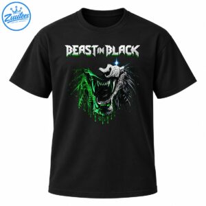 BEAST IN BLACK lettering above a snarling skeletal monster with silver details, blue highlights, and dripping green effects