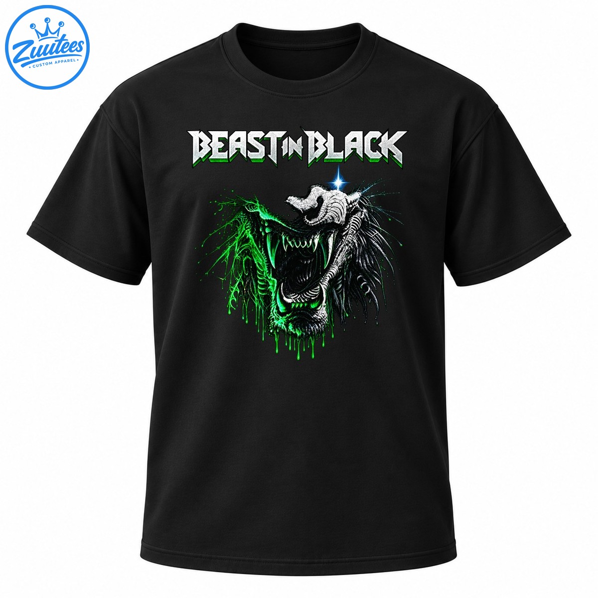 BEAST IN BLACK lettering above a snarling skeletal monster with silver details, blue highlights, and dripping green effects BEAST IN BLACK lettering above a snarling skeletal monster with silver details, blue highlights, and dripping green effects