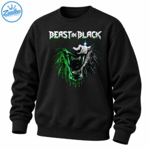 BEAST IN BLACK lettering above a snarling skeletal monster with silver details, blue highlights, and dripping green effects