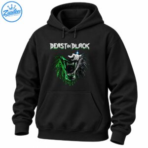 BEAST IN BLACK lettering above a snarling skeletal monster with silver details, blue highlights, and dripping green effects