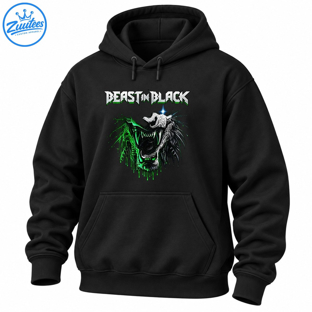 BEAST IN BLACK lettering above a snarling skeletal monster with silver details, blue highlights, and dripping green effects BEAST IN BLACK lettering above a snarling skeletal monster with silver details, blue highlights, and dripping green effects