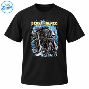 Beast In Black gold lettering above an armored wolf-like warrior with a sword and icy blue crystal shards