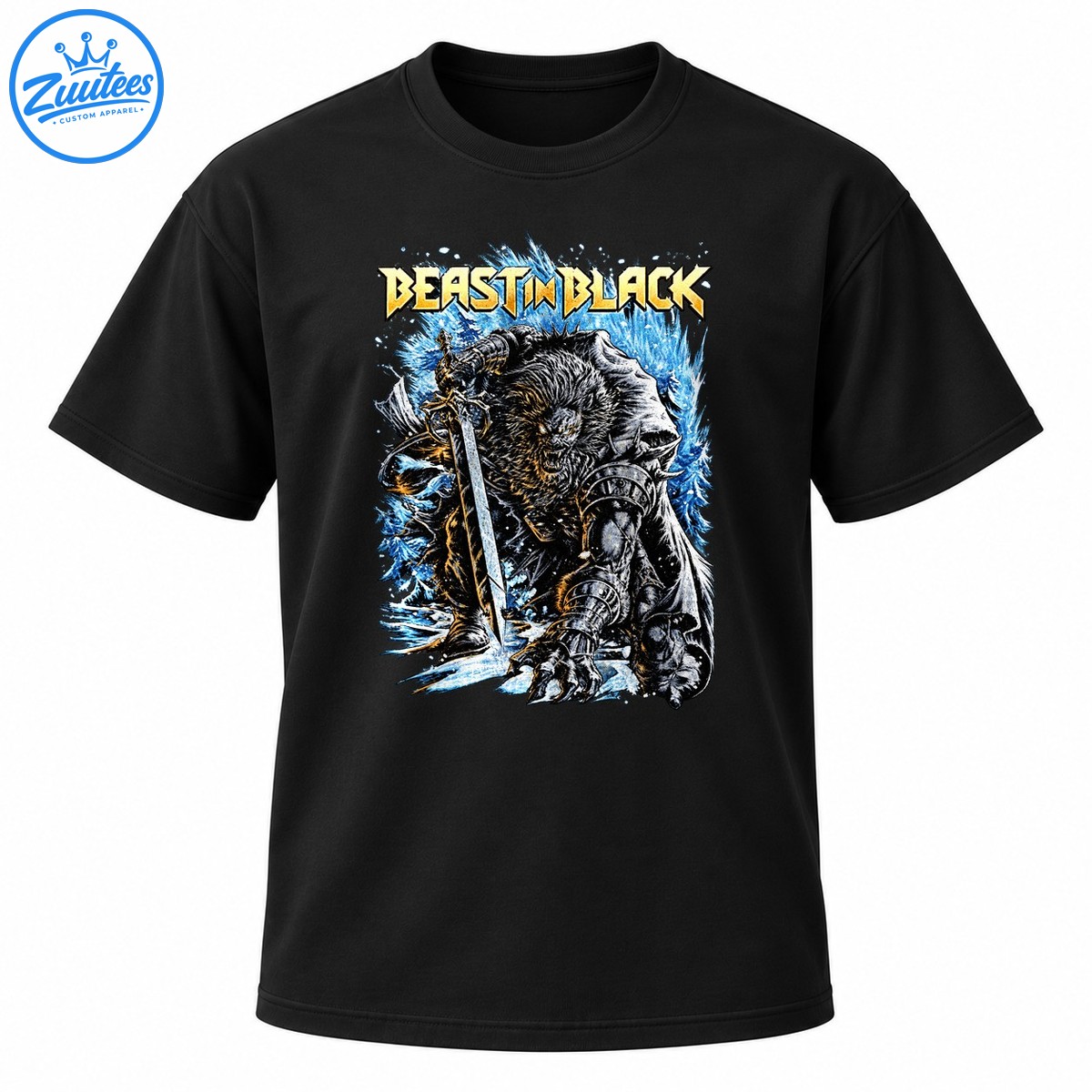 Beast In Black gold lettering above an armored wolf like warrior with a sword and icy blue crystal shards Beast In Black gold lettering above an armored wolf-like warrior with a sword and icy blue crystal shards