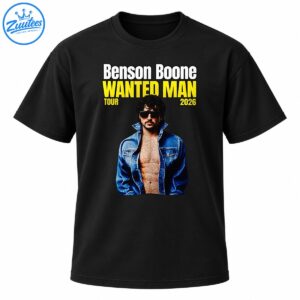 Benson Boone Wanted Man Tour 2026 shirt design with white and yellow lettering and a blue denim portrait