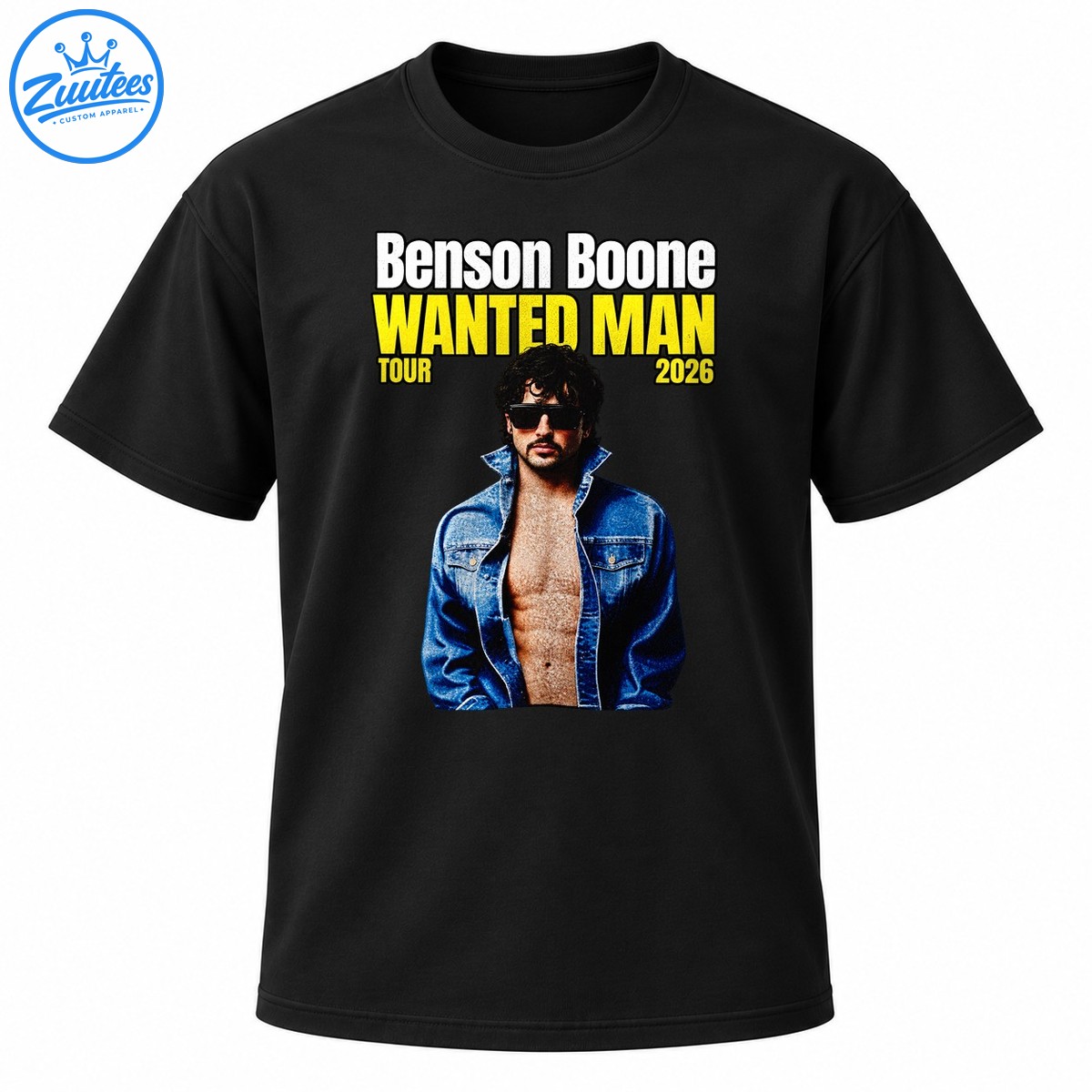 Benson Boone Wanted Man Tour 2026 shirt design with white and yellow lettering and a blue denim portrait Benson Boone Wanted Man Tour 2026 shirt design with white and yellow lettering and a blue denim portrait