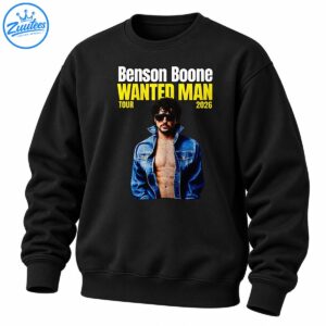 Benson Boone Wanted Man Tour 2026 shirt design with white and yellow lettering and a blue denim portrait