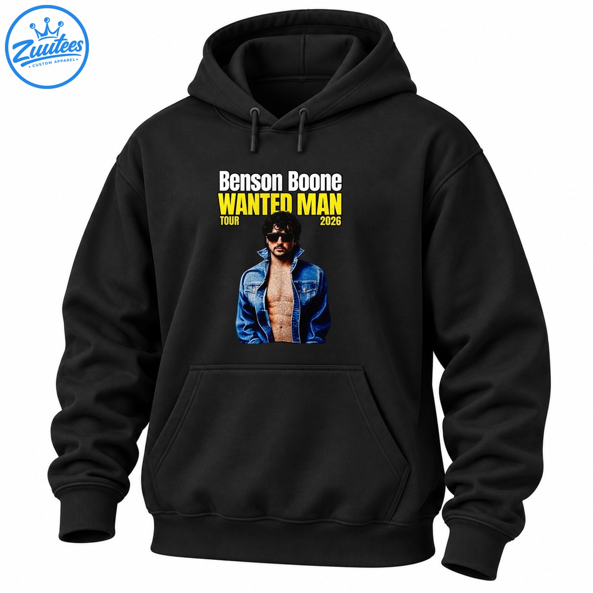 Benson Boone Wanted Man Tour 2026 shirt design with white and yellow lettering and a blue denim portrait Benson Boone Wanted Man Tour 2026 shirt design with white and yellow lettering and a blue denim portrait