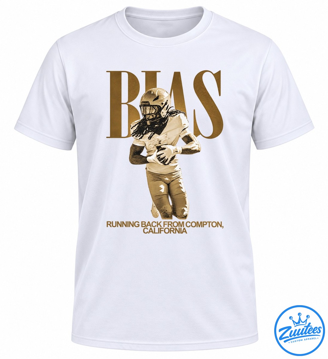 Vintage sepia football running back holding a ball in front of BIAS lettering with Compton California text Vintage sepia football running back holding a ball in front of BIAS lettering with Compton California text