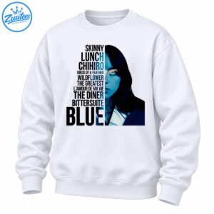 Blue-toned half-face portrait with dark hair and bold black album tracklist typography